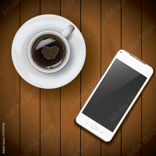 New realistic mobile smart phone mockup template with coffee cup