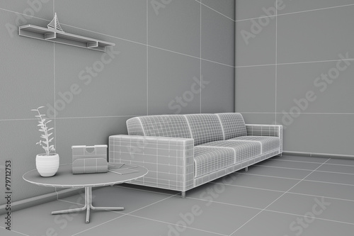 Side view of an interior rendering of a living room in wireframe