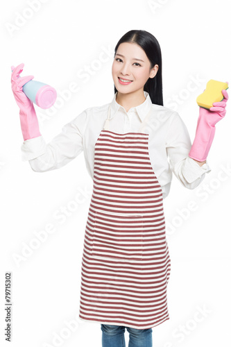 young woman cleaning on white