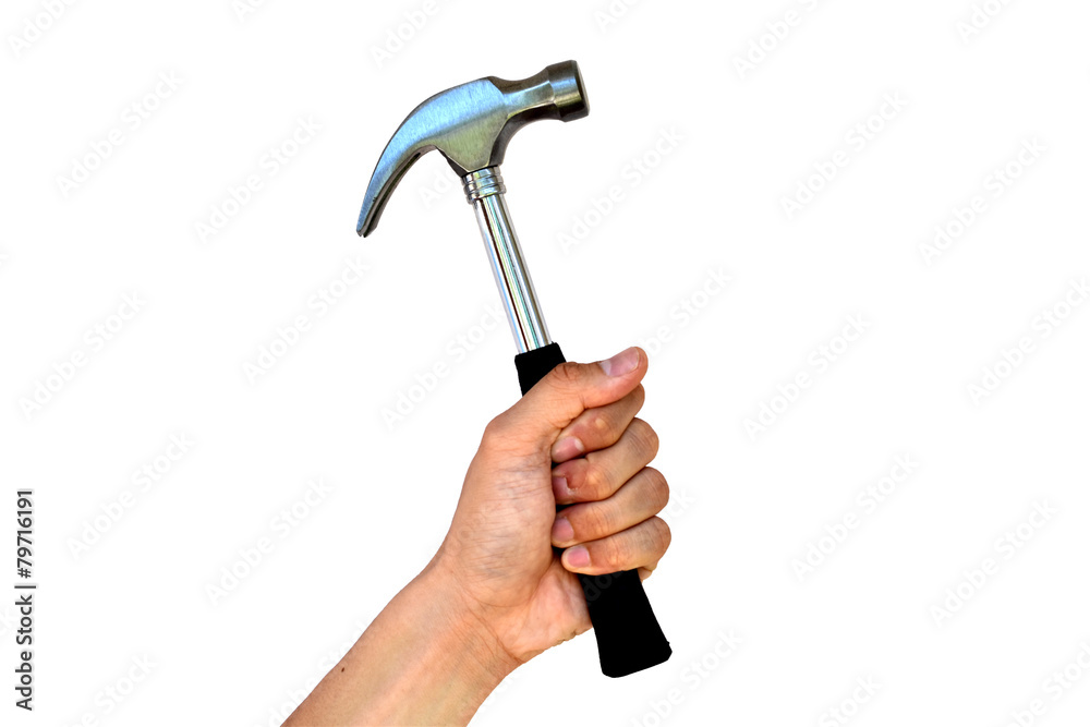 Isolated image a hand holding a steel hammer. Isolated image a hand holding a steel hammer.