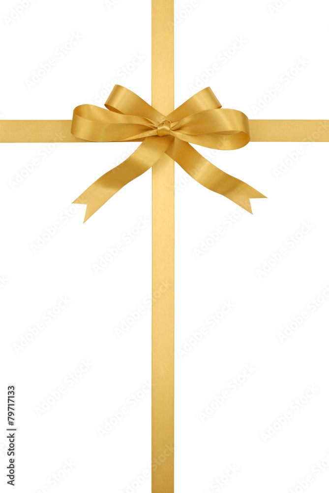 Gold christmas or birthday gift ribbon and bow present isolated on white background vertical Gold christmas or birthday gift ribbon and bow present isolated on white background vertical