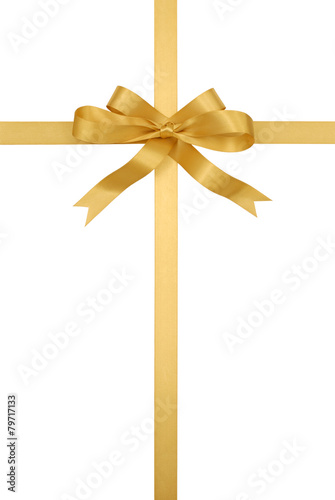 Gold christmas or birthday gift ribbon and bow present isolated on white background vertical