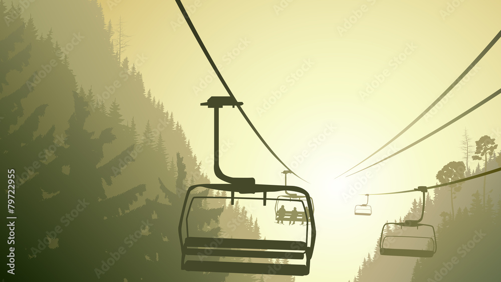 Obraz Illustration of mountain forest with ski lift.