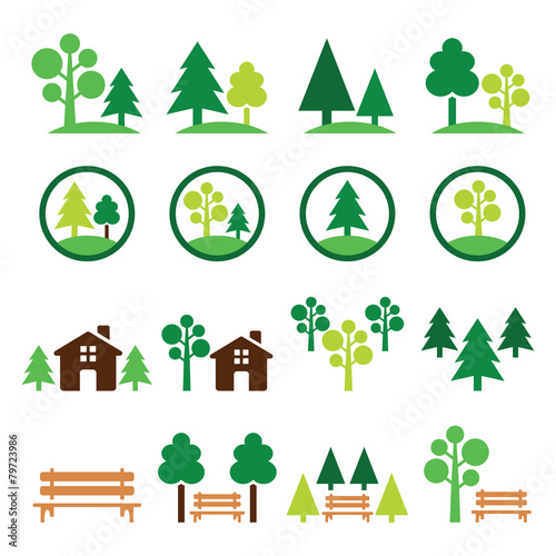 Trees, forest, park vector green icons set