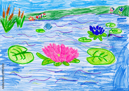 flowers on water. child drawing.