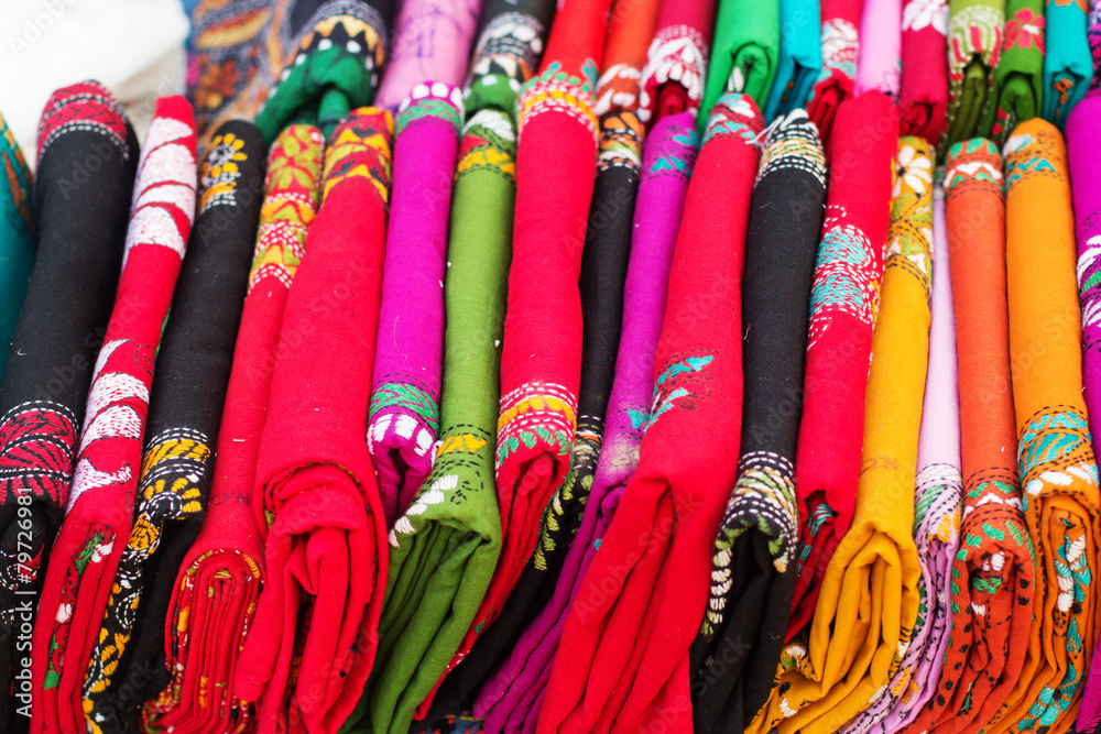 Various of colorful Indian fabrics in market