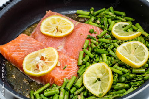 Asparagus and Salmon in Pan