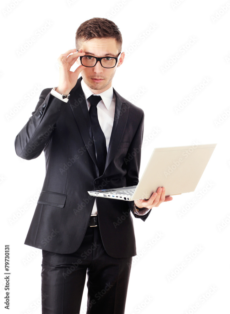 Business man holding a laptop and looking surprised. Business man holding a laptop and looking surprised.