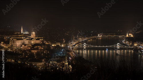 The Buda castle with the Hungarian National Library and the Buda side with the Danube river at night, Budapest, Hungary