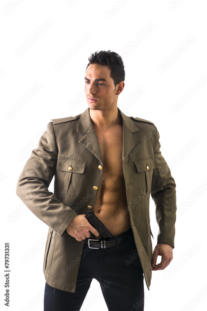 Athletic Man in Open Military Jacket Holding Gun in Pants Stock Photo ...