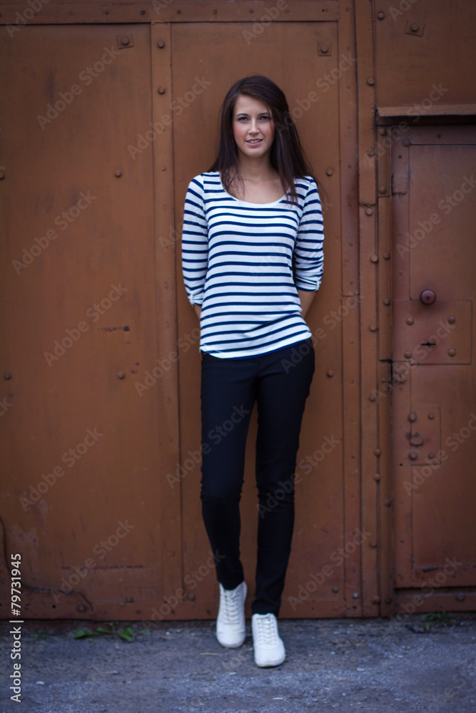 portrait of a cute girl in a t-shirt on the street portrait of a cute girl in a t-shirt on the street