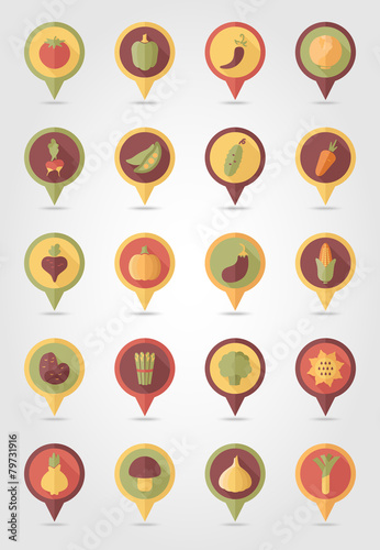 Vegetable mapping pins icons with long shadow