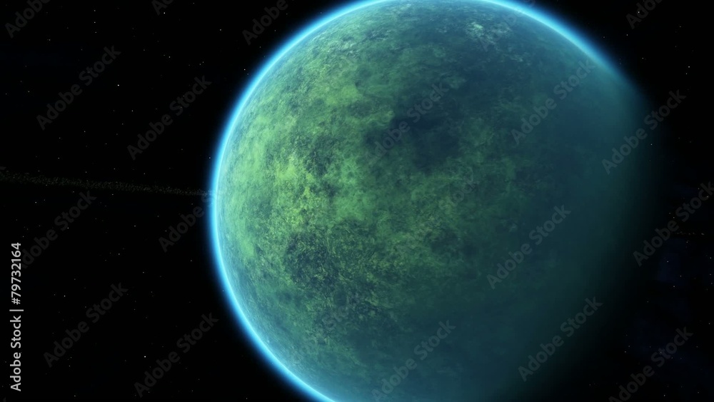 Green planet surrounded by asteroid ring 01