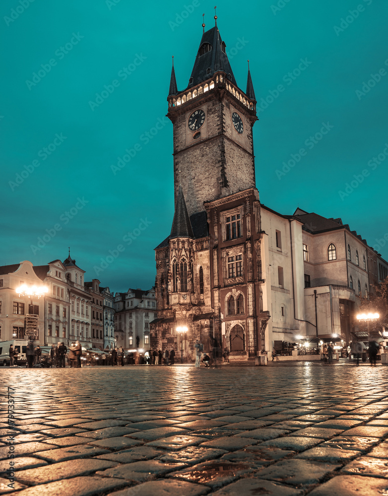 Old Town Square in Prague at night, toned image