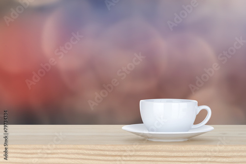 white cup of coffee on pine Wooden Table and bokeh,defocused lig
