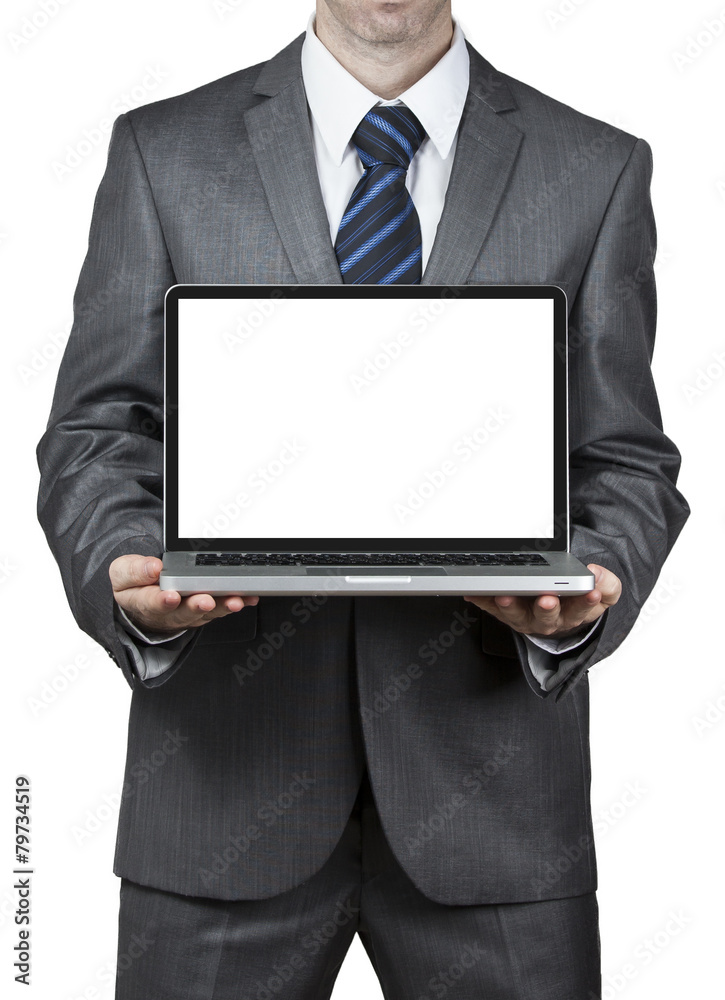 Business man show his laptop screen Business man show his laptop screen