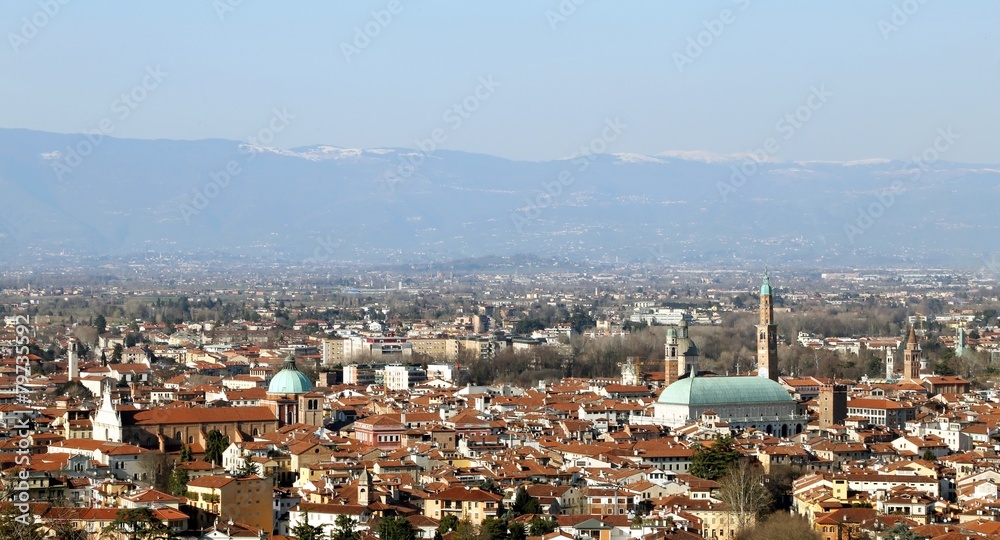 Vicenza, Italy, Panorama of the city with the mountains in the b