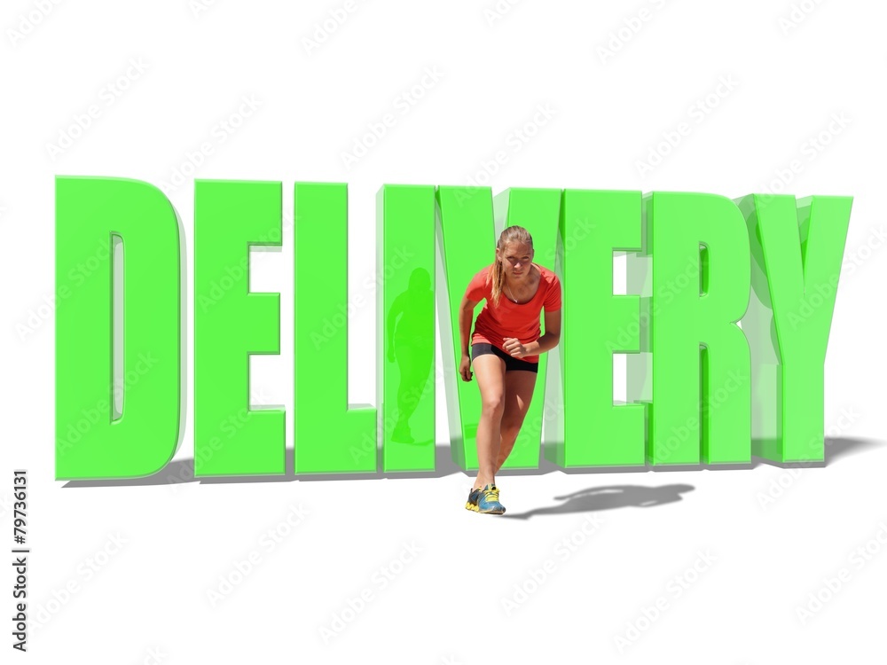 delivery text and running woman in sport wear delivery text and running woman in sport wear