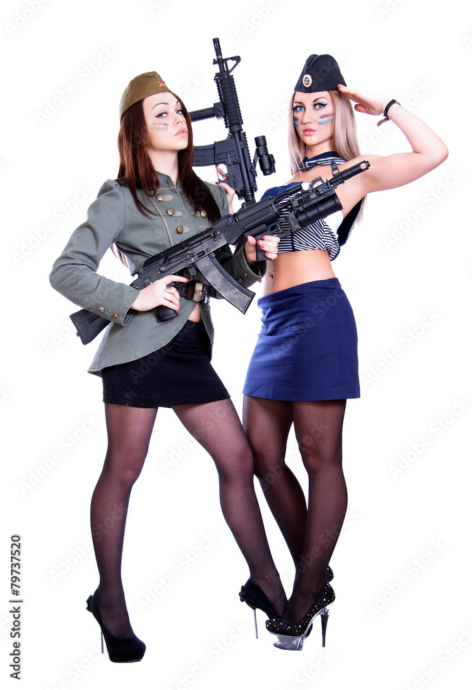 Two women in the marine and the military uniforms