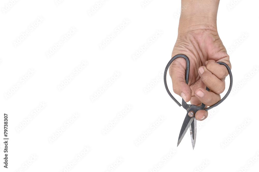 Old scissors on hand male isolated on white background Old scissors on hand male isolated on white background