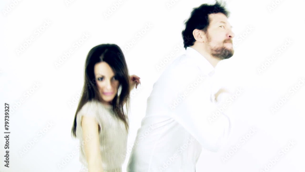 Funny man and woman dancing slow motion isolated