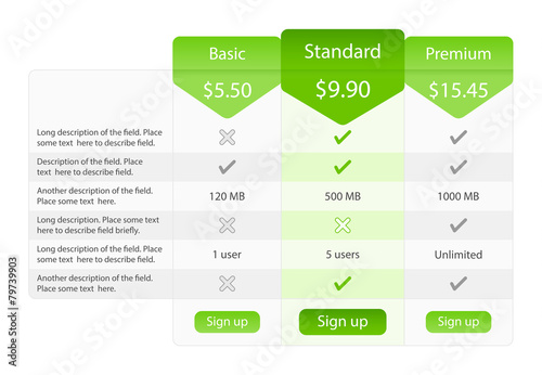 Light pricing table with 3 options and one recommended
