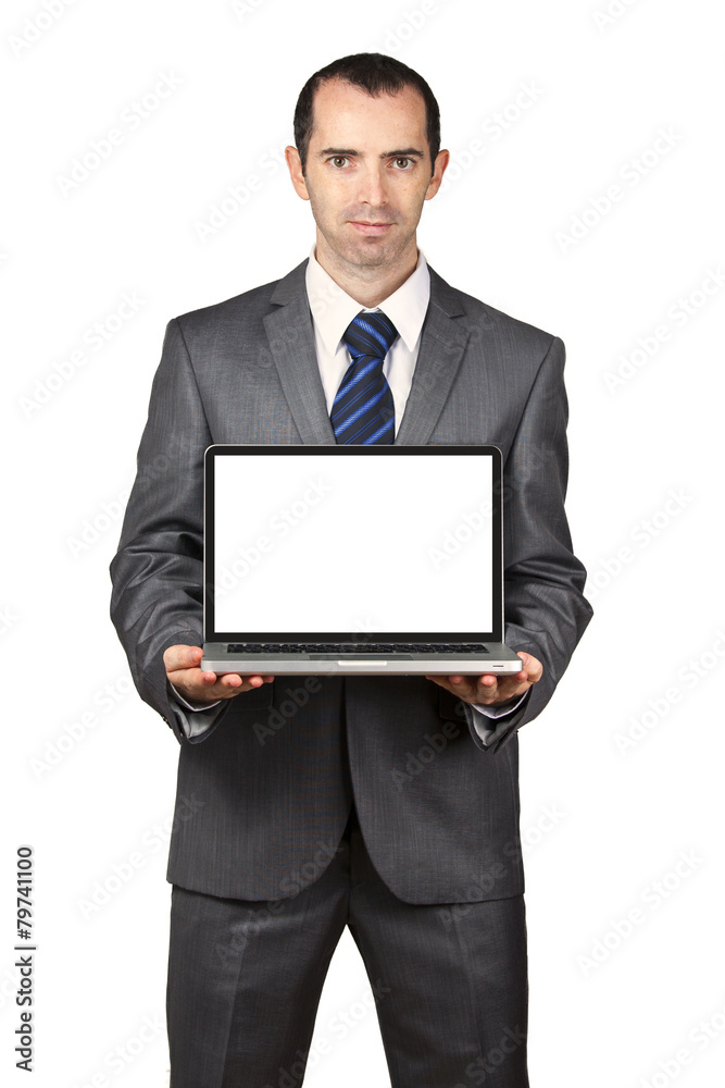 Business man show his laptop screen Business man show his laptop screen