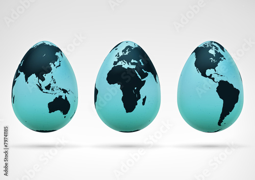 three eggs decorated with world map image set