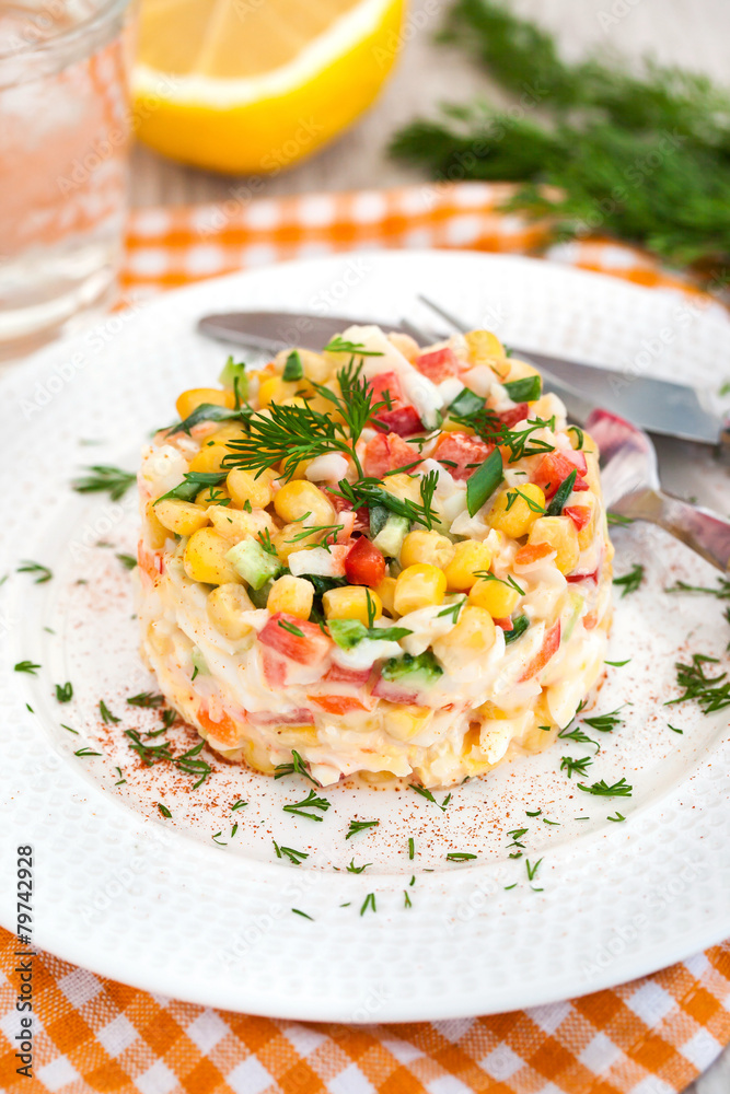 Fresh vegetable and crab salad with mayonnaise Fresh vegetable and crab salad with mayonnaise