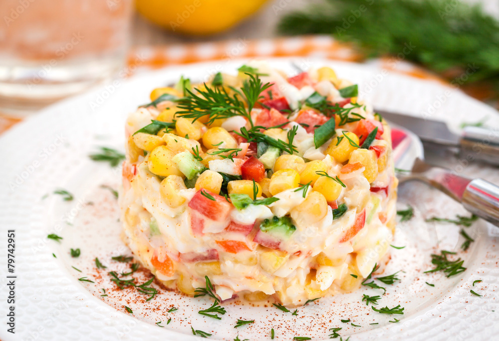 Fresh vegetable and crab salad with mayonnaise Fresh vegetable and crab salad with mayonnaise