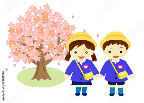 入園　桜と園児