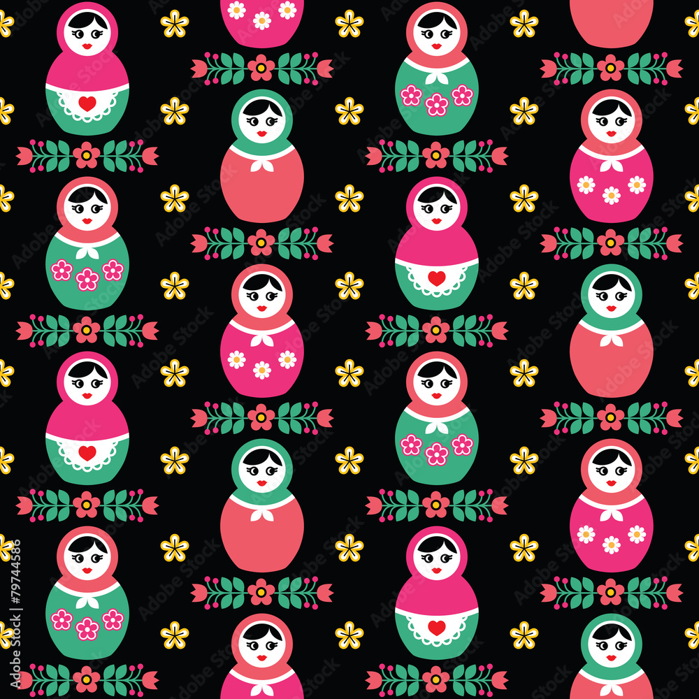 Russian doll Matryoshka folk seamless pattern on black Russian doll Matryoshka folk seamless pattern on black