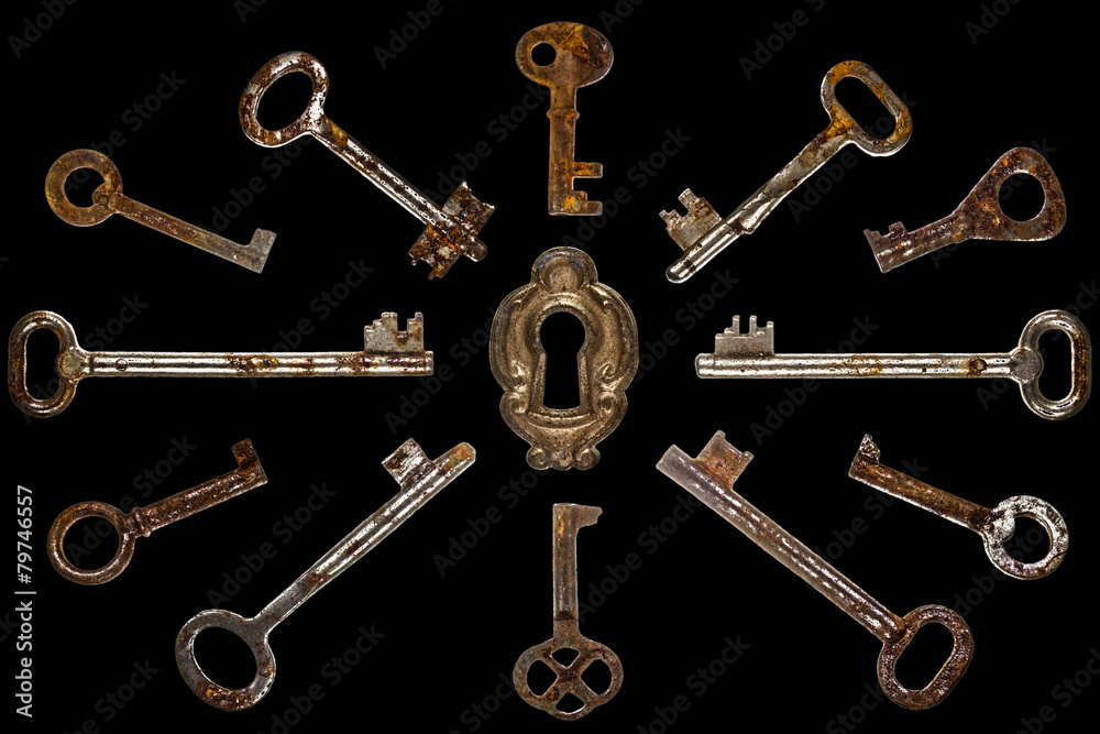 Set of old keys, isolated on black background Set of old keys, isolated on black background