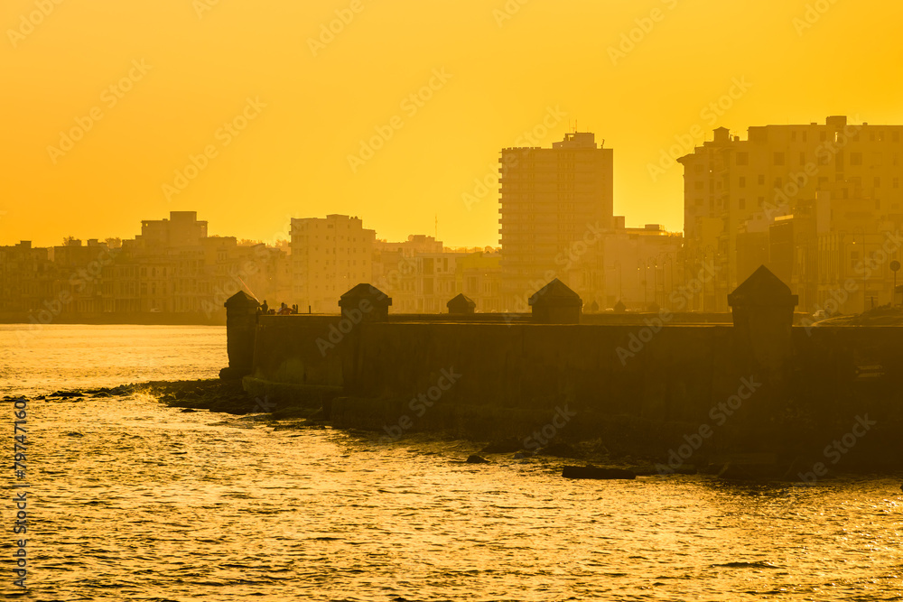 Colorful sunrise in Havana with a view of the ocean