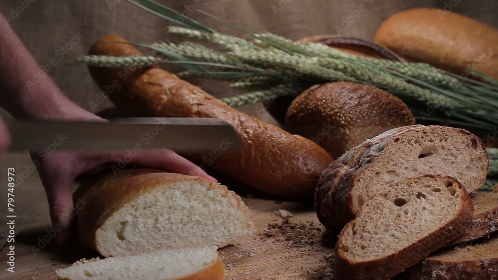 Cutting bakery products in bread store Cutting bakery products in bread store