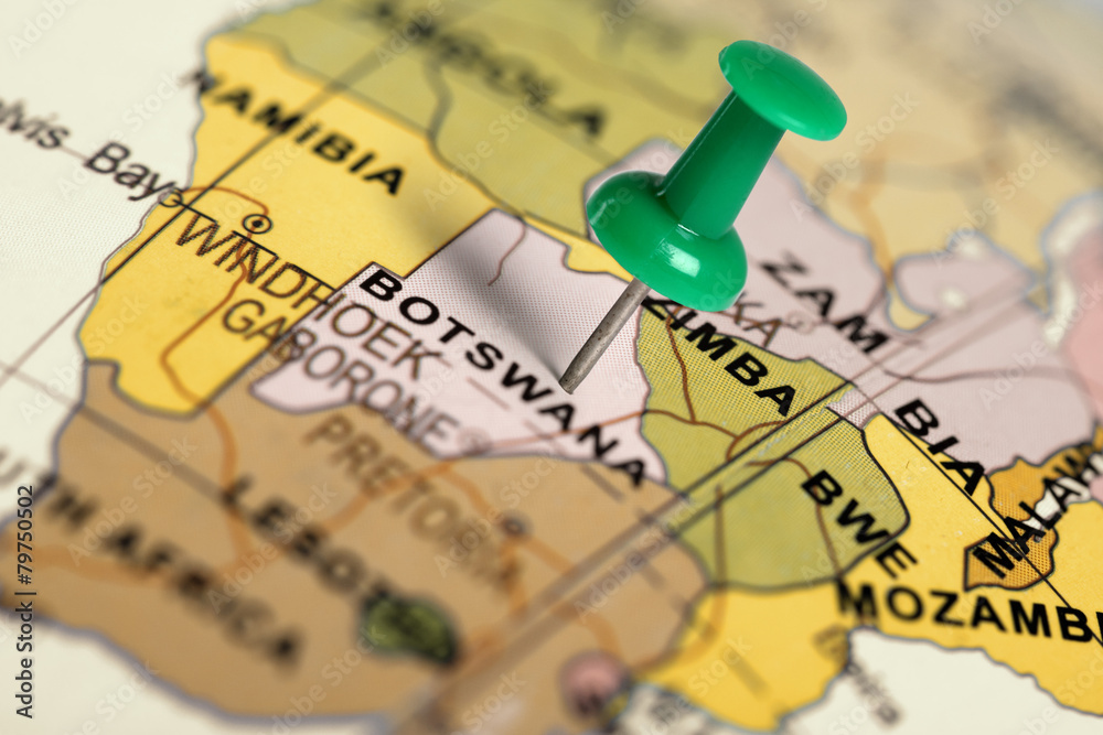 Fototapeta premium Location Botswana. Green pin on the map.
