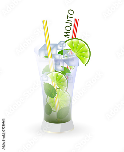 Glass of mojito and drinking strew on a white background