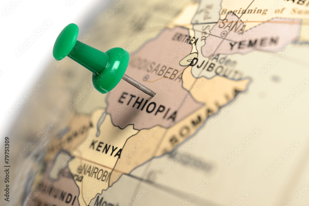 Naklejka premium Lokalizacja Etiopia. Zielona szpilka na mapie.
