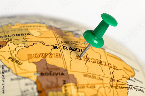 Location Brazil. Green pin on the map. photo