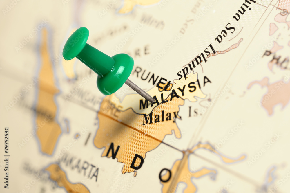Fototapeta premium Location Malaysia. Green pin on the map.