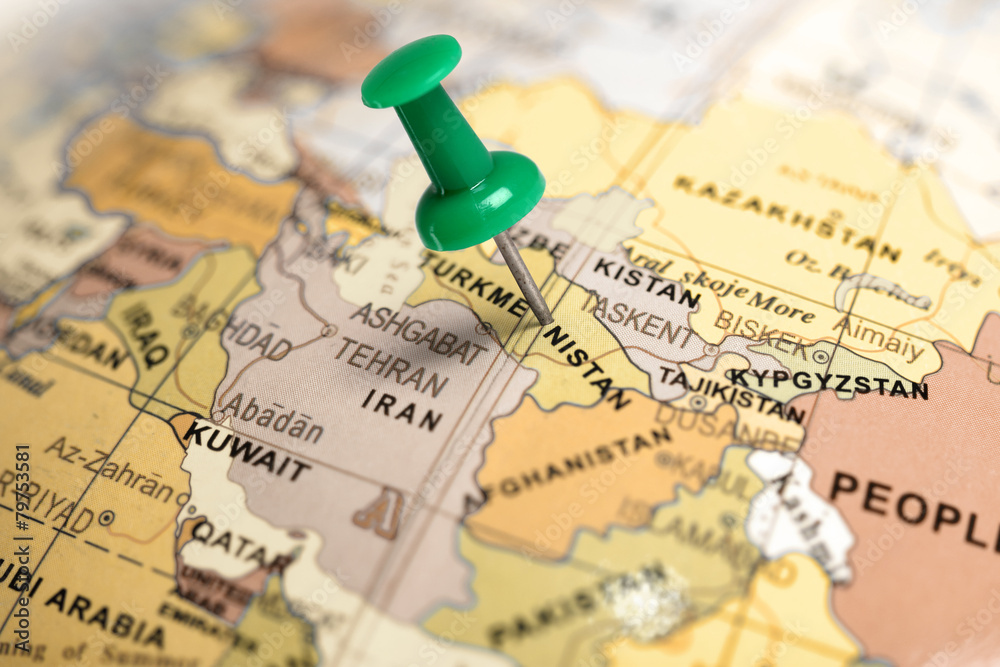 Obraz premium Location Turkmenistan. Green pin on the map.