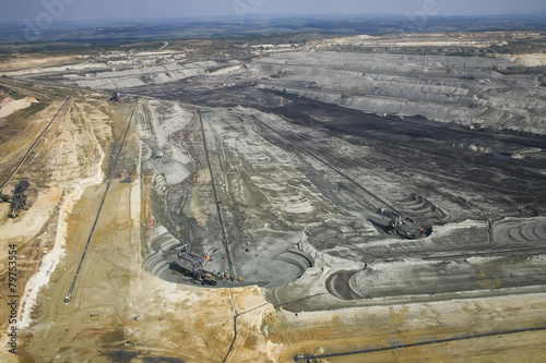 Large excavators in coal mine, aerial view