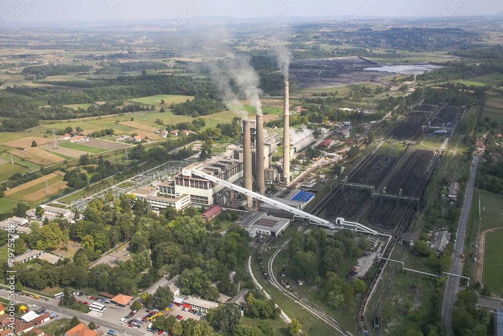 Power plant in coal mine, aerial view