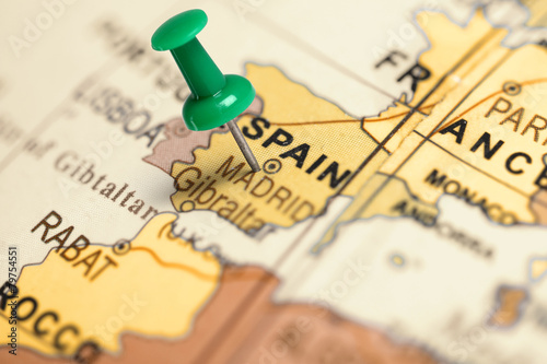 Obraz na plátně Místo Spain. Zelená pin na mapě.