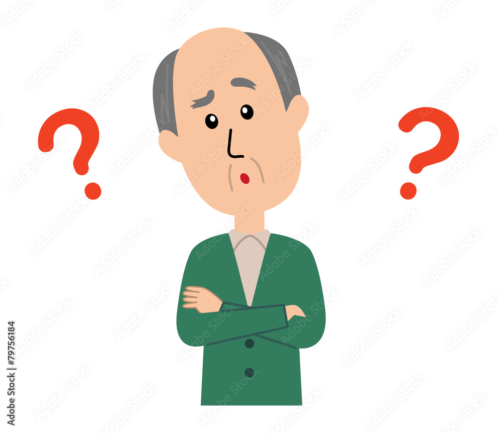 An elderly man crossing arms and thinking with question marks. An elderly man crossing arms and thinking with question marks.