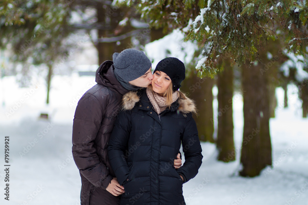 Happy Couple Having Fun Outdoors. Snow. Winter Vacation. Outdoor Happy Couple Having Fun Outdoors. Snow. Winter Vacation. Outdoor