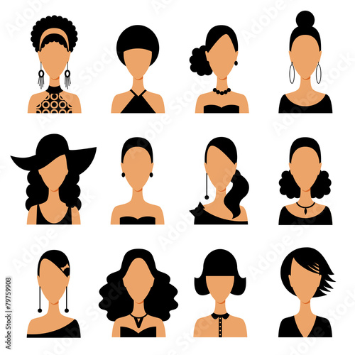 Set of women hair avatar icons in modern line design. Vector illustration of various women character.