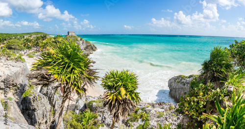 Huge Panorama of Tulum caribbean paradise and Mayan Ruins. Trave