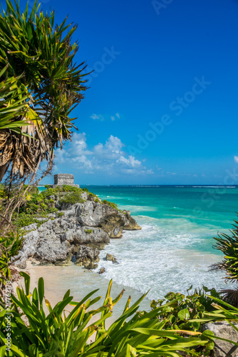 Caribbean view of Tulum Mayan Ruins and beach, perfect Paradise,