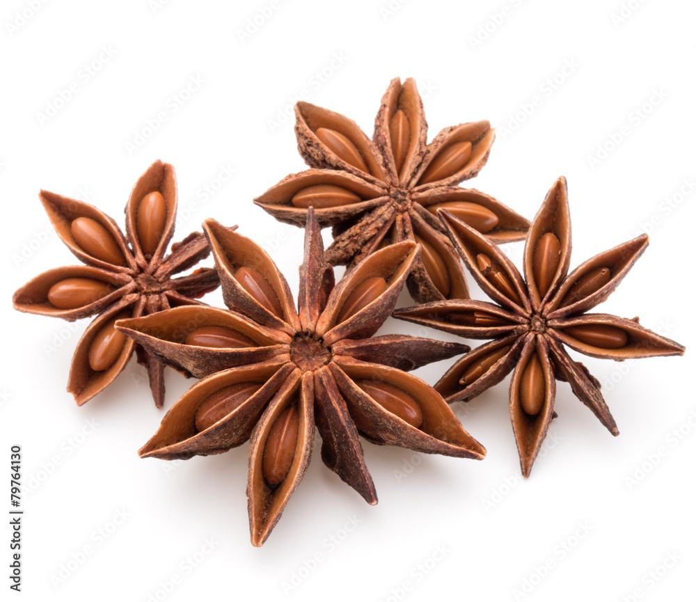 Star anise spice fruits and seeds isolated on white background c